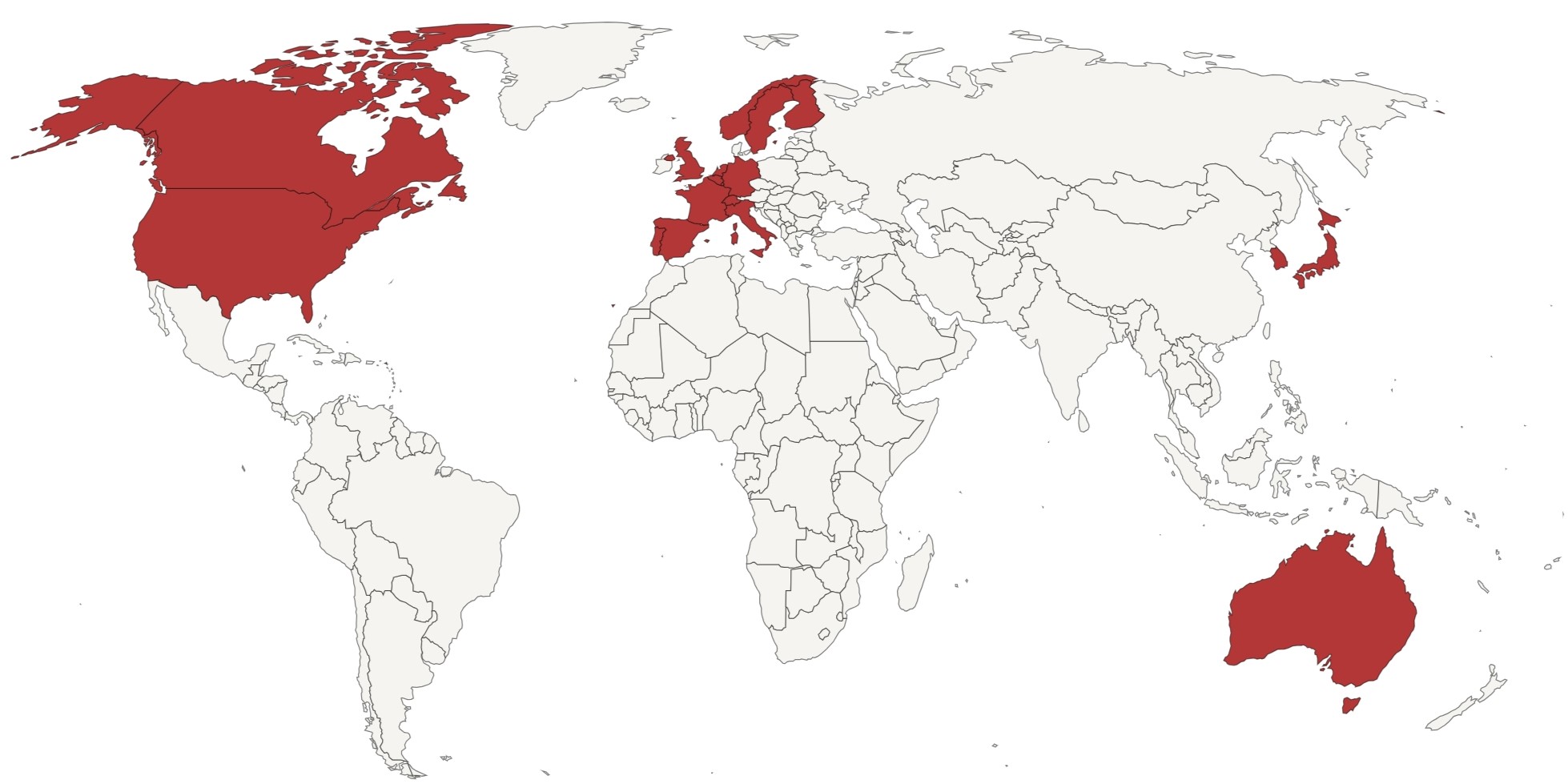 Map of the world highlighting collections countries